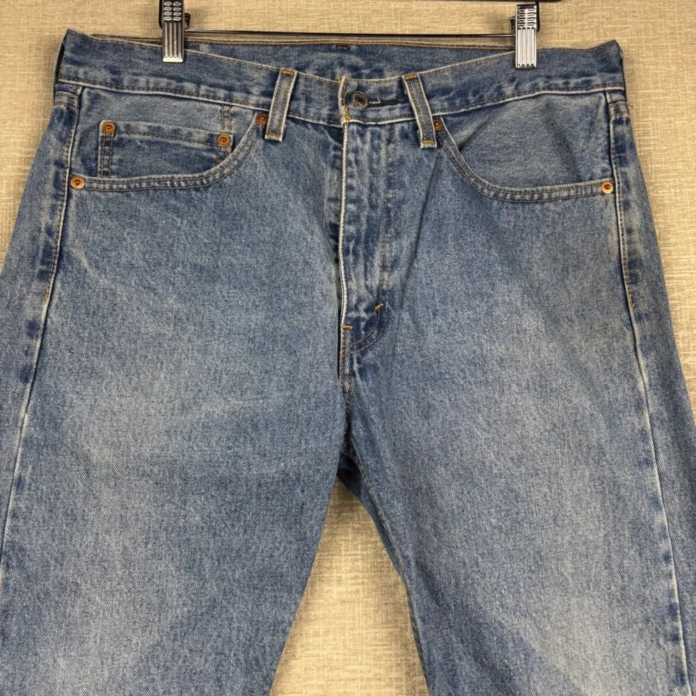 Levis 505 Mens 34x29 Jeans Medium Light Blue Washed Denim Grungy HighLow Fading